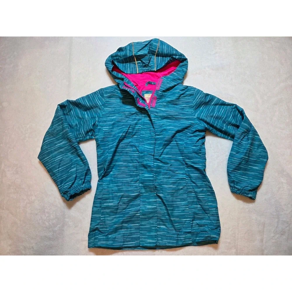 297. Faded Glory Girls M 7-8 Teal Pink Hooded Jacket Lightweight Striped Full...